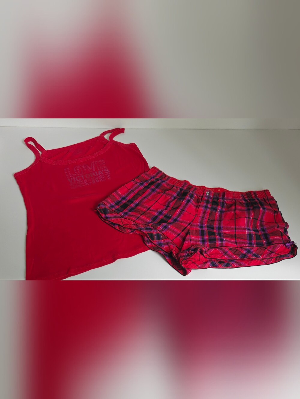 Victoria's Secret Red Logo Cami & Plaid Short Sleep Set Size L